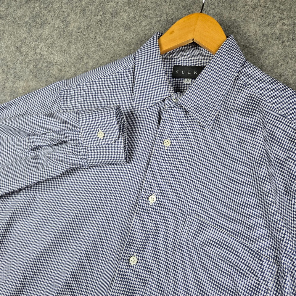 Sulka Shirt Mens Medium Blue Houndstooth Cotton Button Down Long Sleeve Luxury